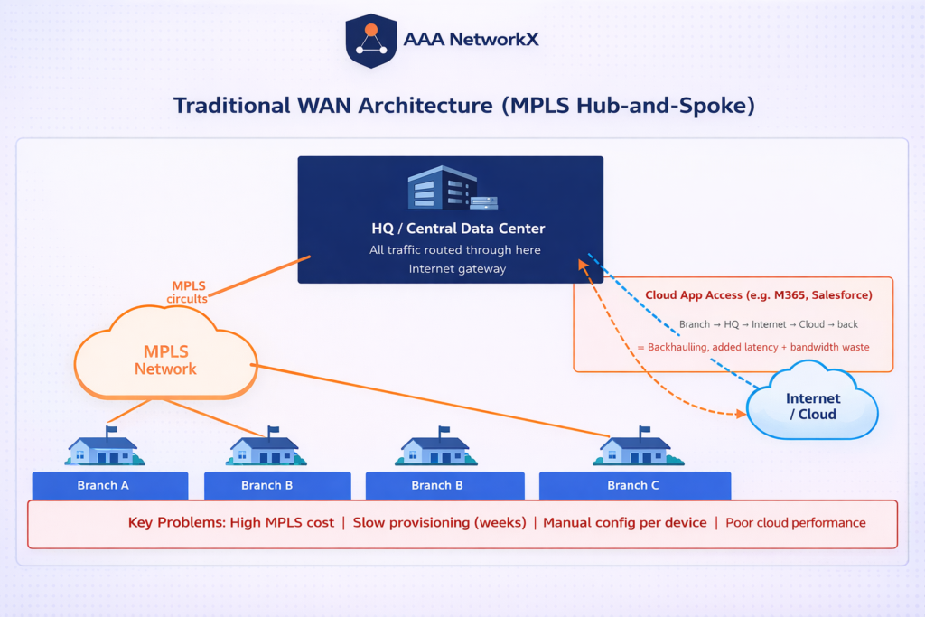 Traditional WAN architecture: branch offices connected via MPLS circuits with internet traffic backhauled through central data center