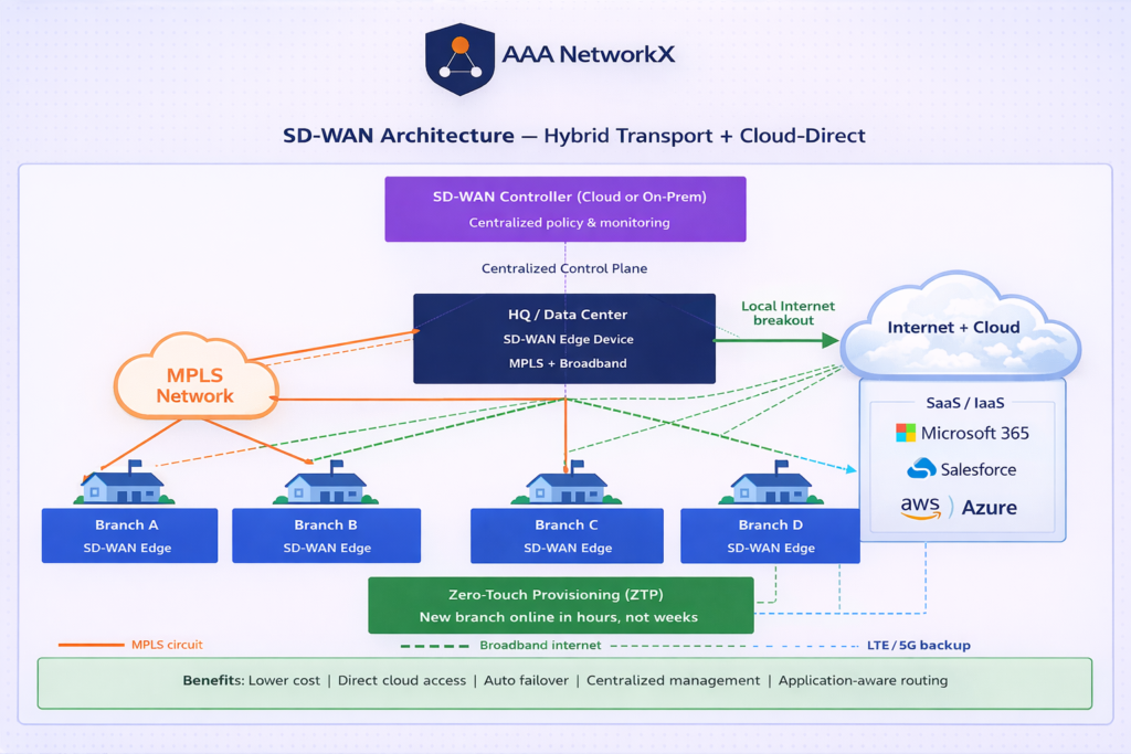 SD-WAN architecture: hybrid WAN with MPLS and broadband, direct cloud access, and centralized SD-WAN controller