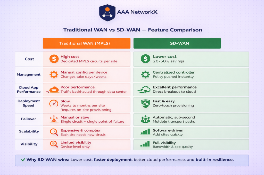 Traditional WAN vs SD-WAN comparison: cost, management, cloud performance, deployment speed, and scalability