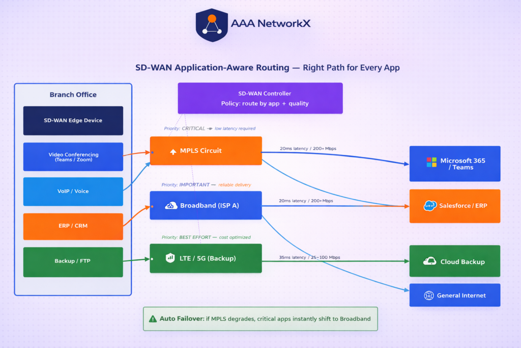 SD-WAN application-aware routing: video and VoIP prioritized on low-latency path, bulk data on broadband