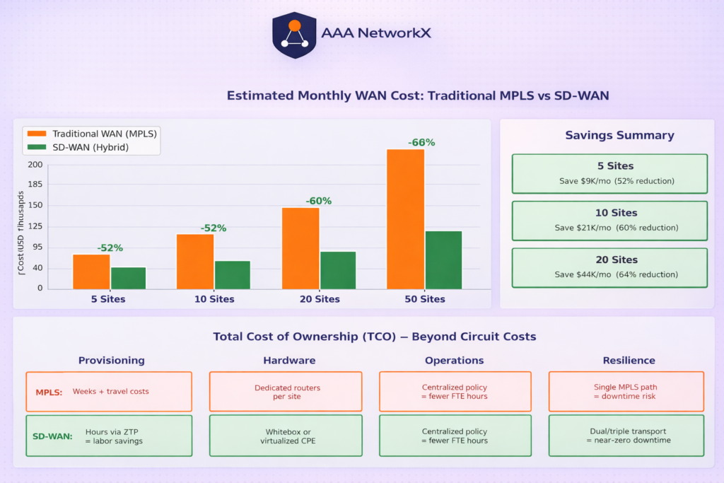 SD-WAN cost savings: comparison of MPLS-only WAN vs hybrid SD-WAN network costs