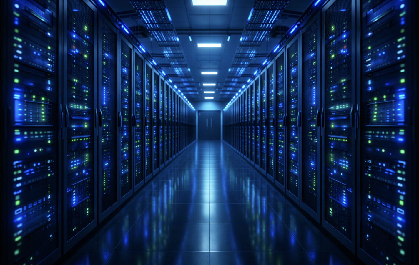Enterprise data center server racks with blue LED indicators representing scalable EVPN-VXLAN network infrastructure