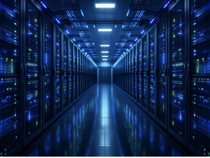 Enterprise data center server racks with blue LED indicators representing scalable EVPN-VXLAN network infrastructure