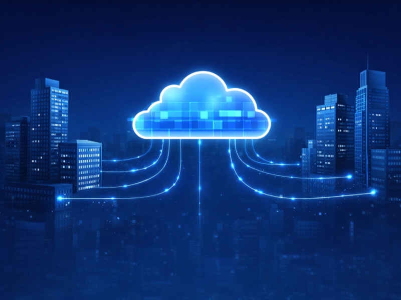 City buildings connected to a central cloud via SD-WAN network links representing enterprise wide area network connectivity