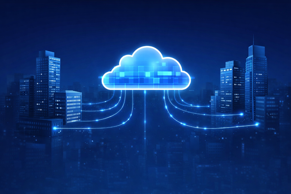 City buildings connected to a central cloud via SD-WAN network links representing enterprise wide area network connectivity