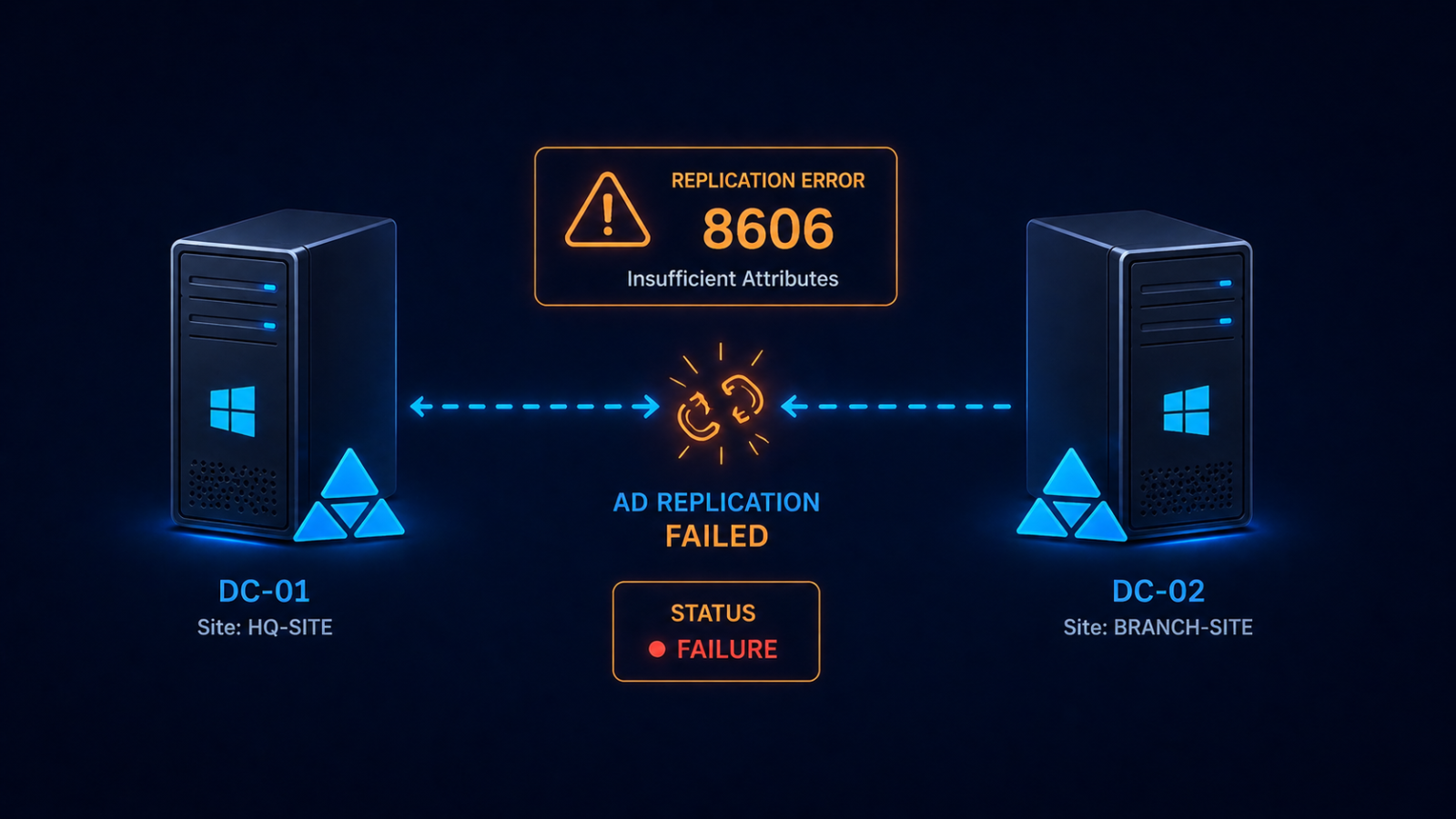 Active Directory replication error 8606 between two domain controllers showing insufficient attributes