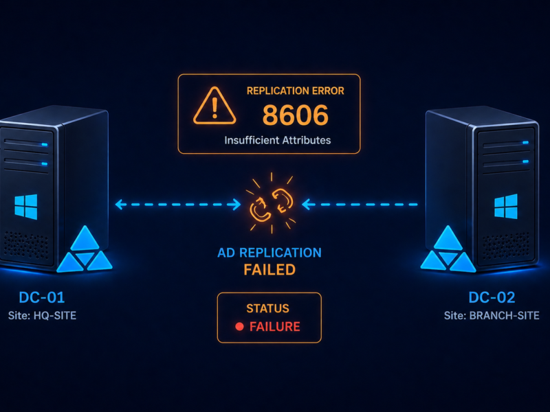 Active Directory replication error 8606 between two domain controllers showing insufficient attributes