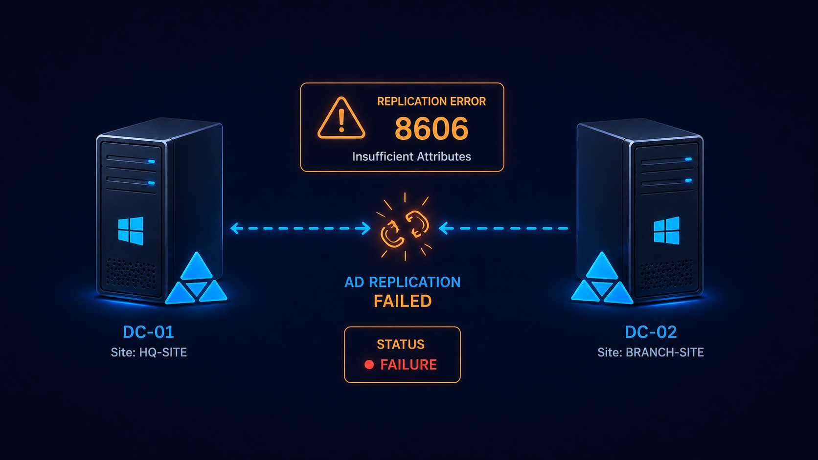 Active Directory replication error 8606 between two domain controllers showing insufficient attributes
