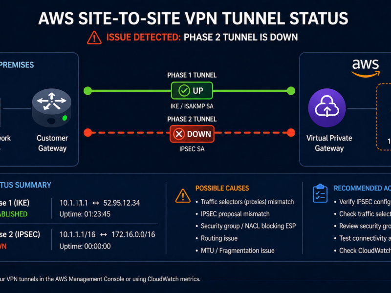 AWS Site-to-Site VPN tunnel showing Phase 1 up but Phase 2 down between AWS and on-premises gateway