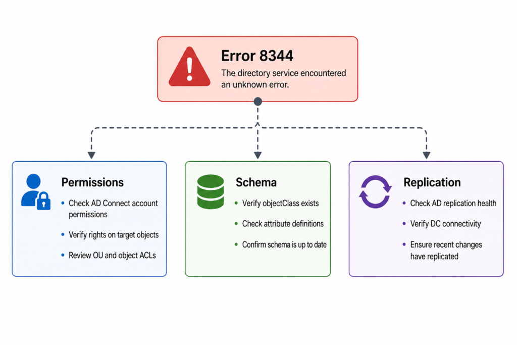 Decision tree for diagnosing Azure AD Connect error 8344 across four root causes
