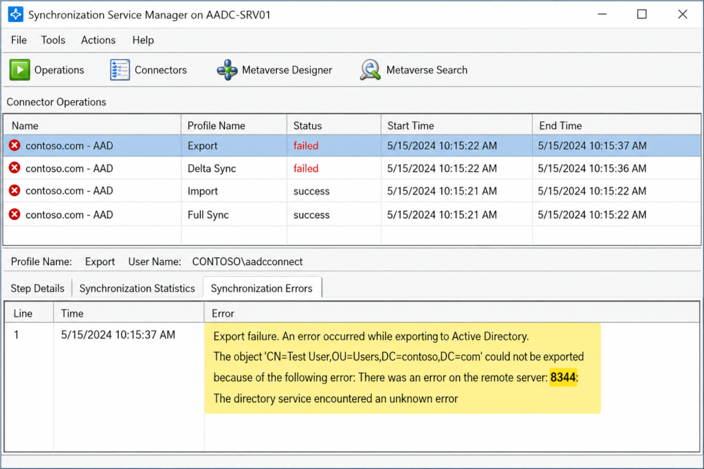 Synchronization Service Manager showing error 8344 on the Active Directory connector