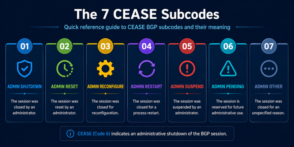 Reference table of the nine BGP cease notification subcodes and their meanings in production networks