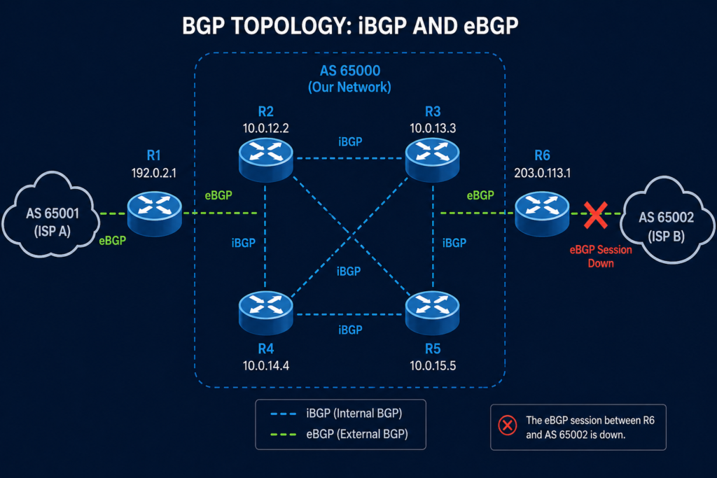 Topology diagram showing iBGP and eBGP peering sessions with one session reset by a cease notification