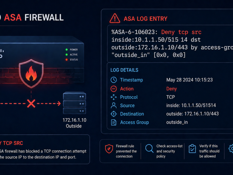Cisco ASA firewall log showing deny tcp src message with source and destination IPs