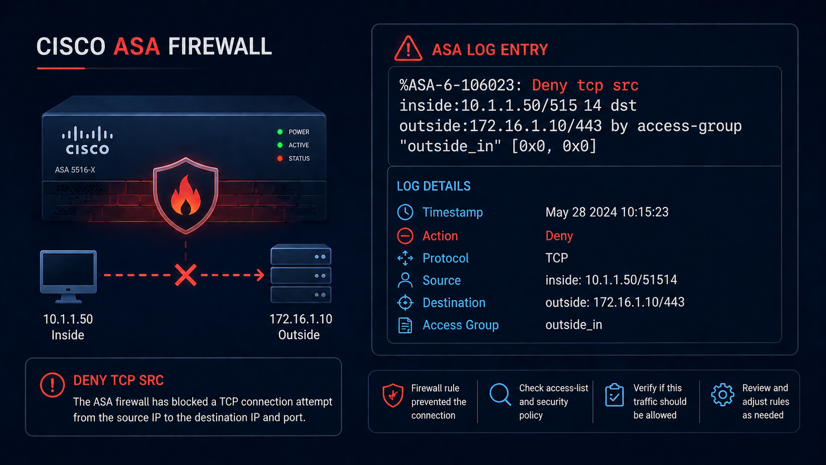 Cisco ASA firewall log showing deny tcp src message with source and destination IPs