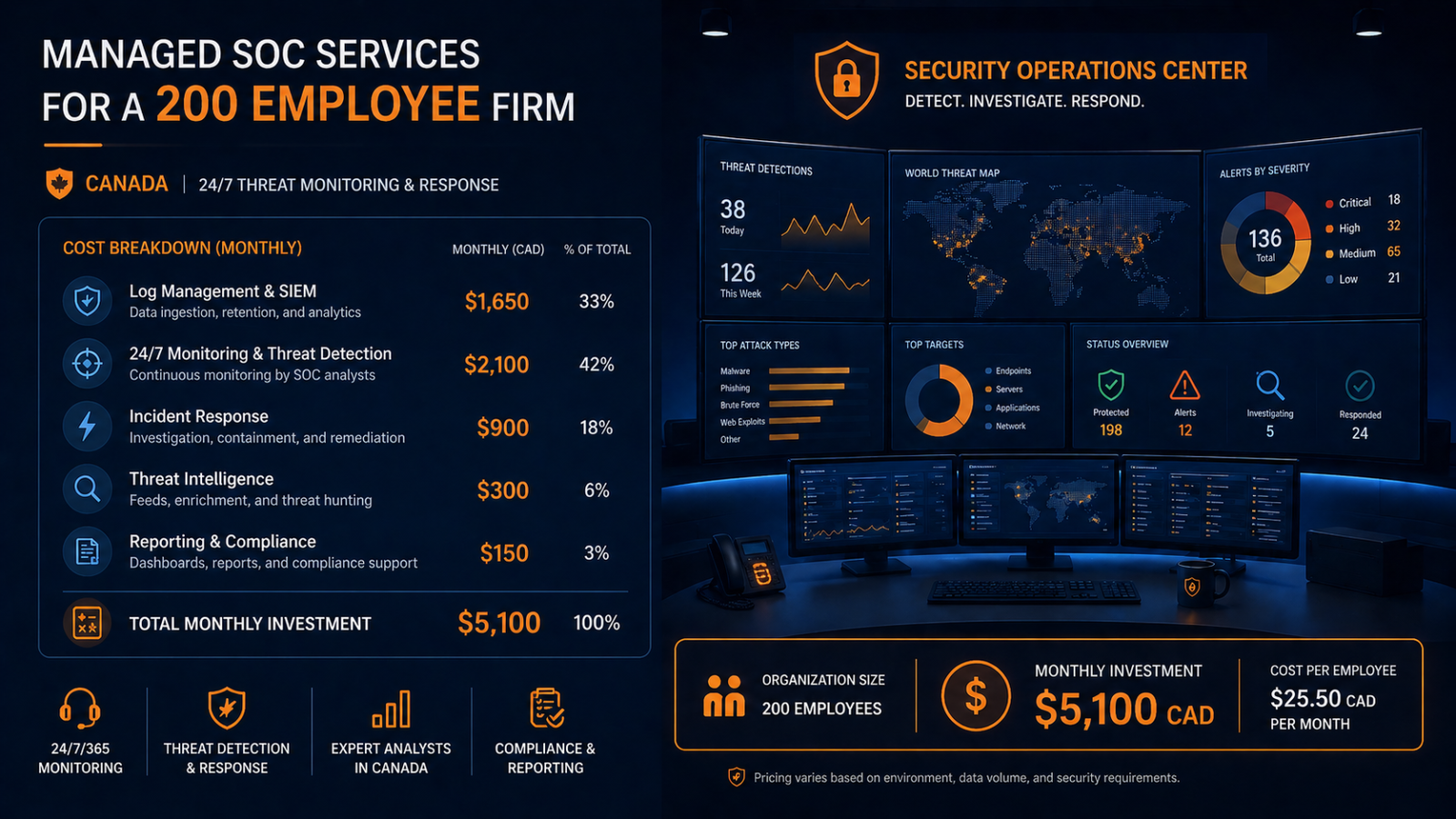 Cost breakdown of managed SOC services for a 200 employee firm in Canada showing components and pricing