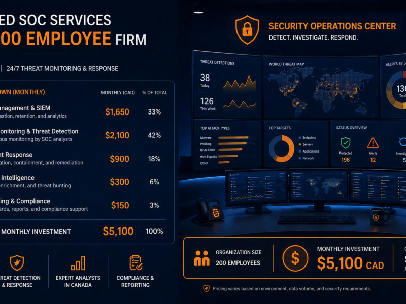 Cost breakdown of managed SOC services for a 200 employee firm in Canada showing components and pricing