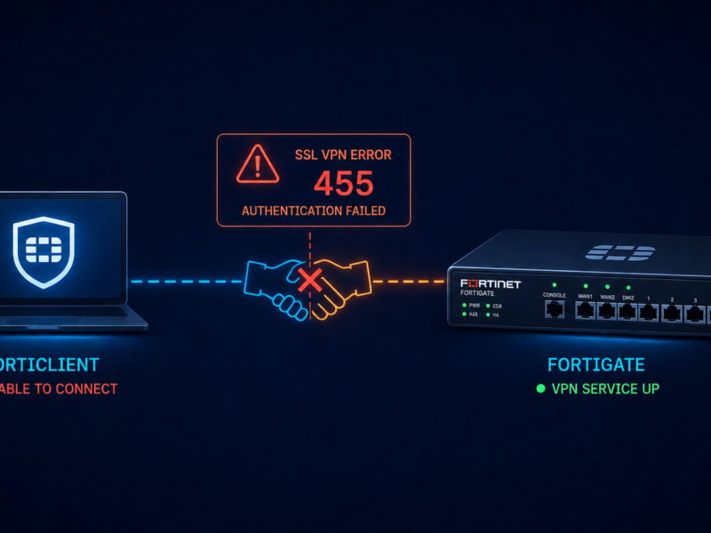 FortiGate SSL VPN error 455 showing a FortiClient unable to complete authentication