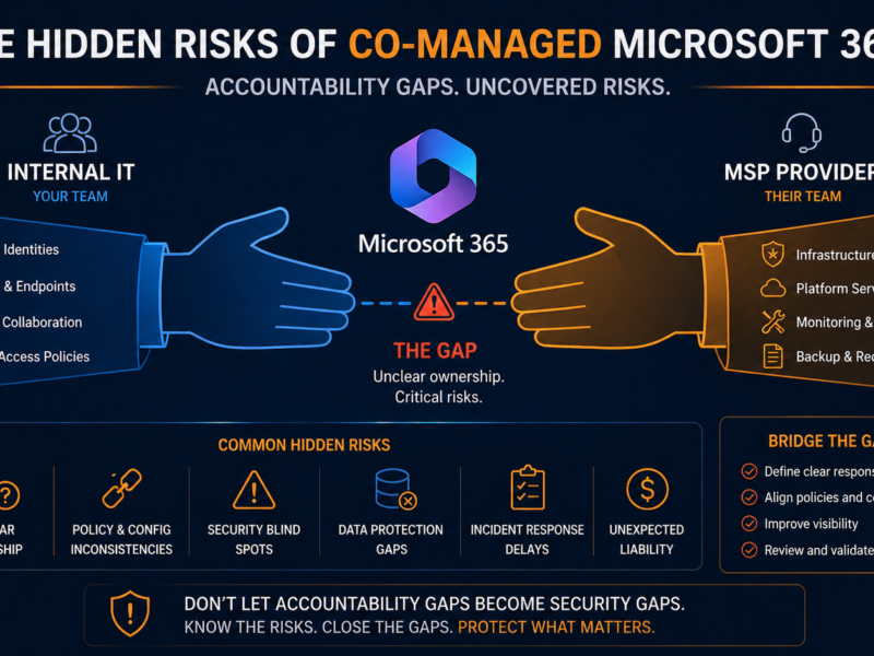 Hidden risks of co-managed Microsoft 365 showing accountability gaps between internal IT and MSP