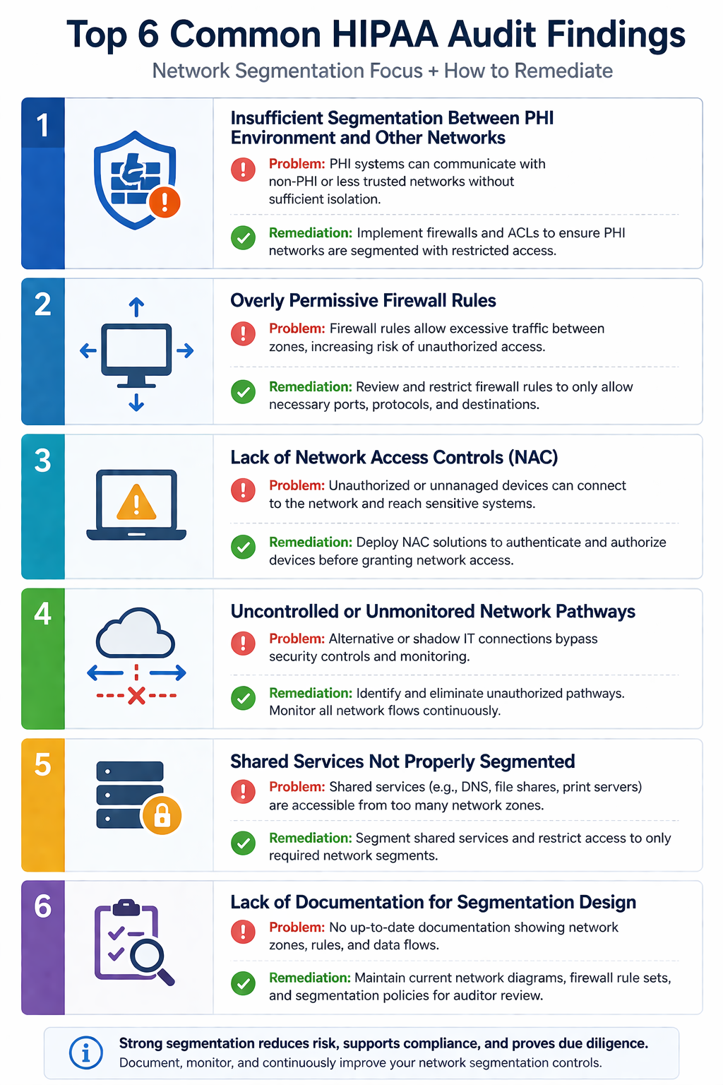 Top six common HIPAA audit findings related to network segmentation and how each is remediated