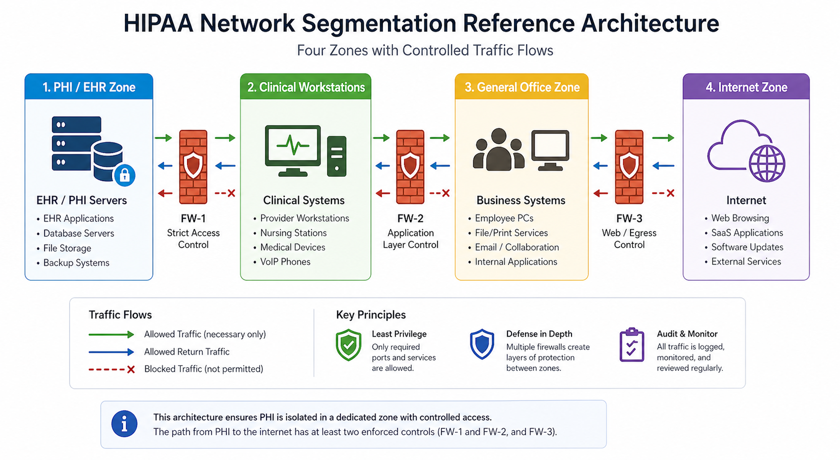 Reference architecture for HIPAA network segmentation showing four zones with controlled traffic flows
