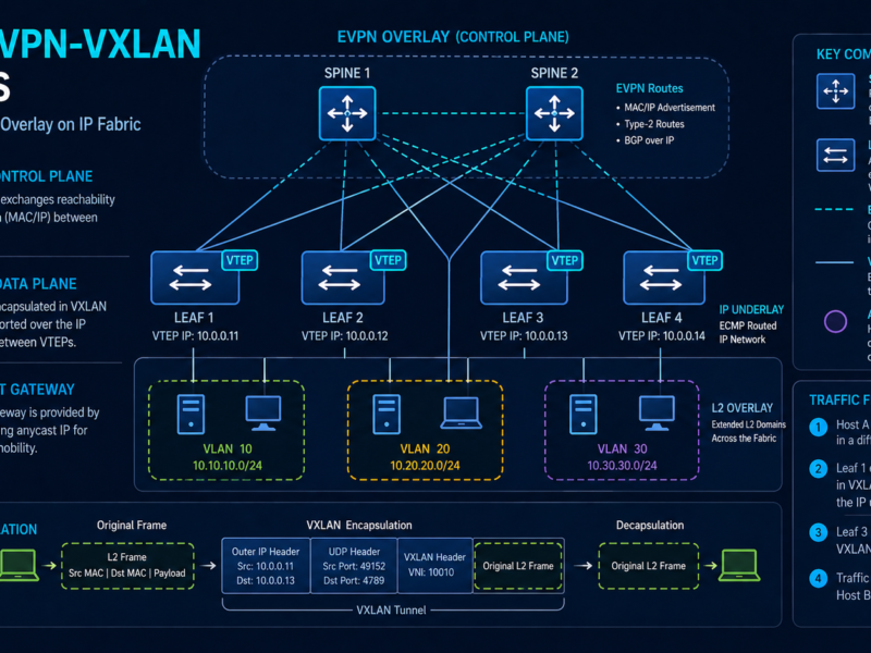 EVPN-VXLAN architecture diagram showing spine-leaf fabric with overlay routes and VTEP encapsulation