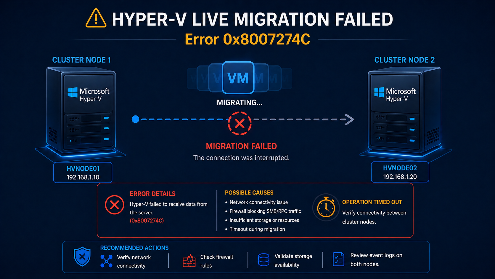 Hyper-V live migration failing with error 0x8007274C between two cluster nodes
