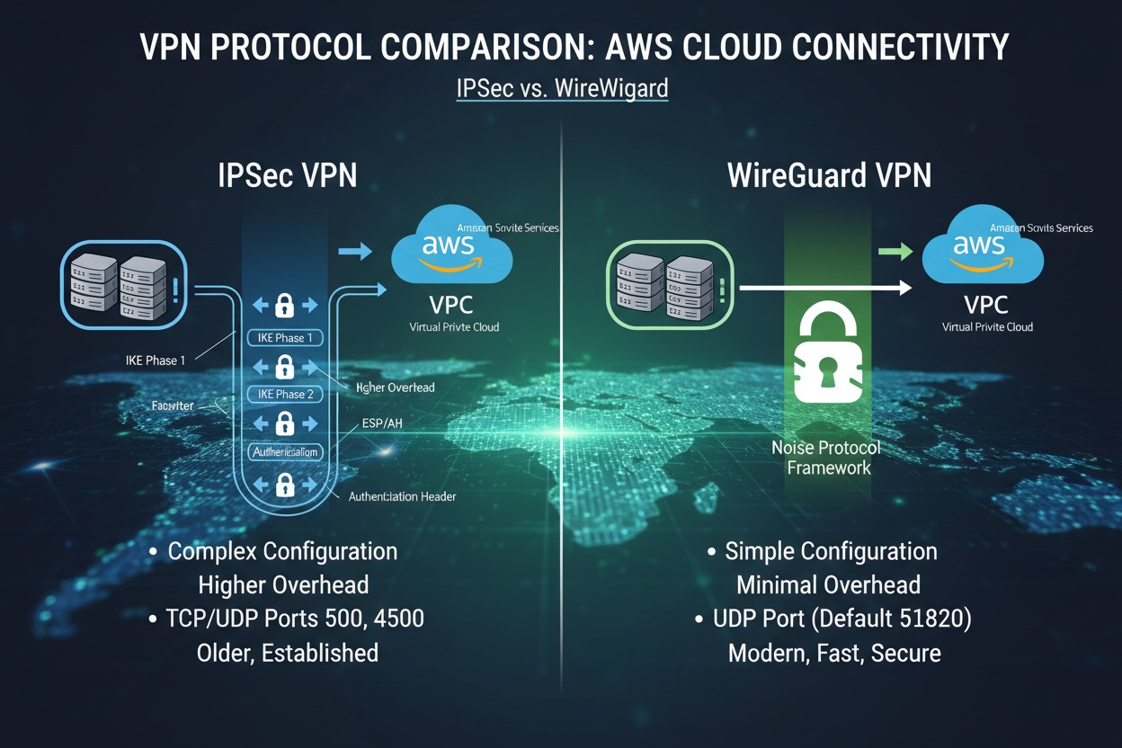 WireGuard vs IPsec VPN comparison in AWS hybrid cloud network architecture

