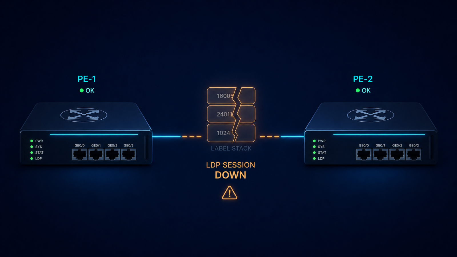MPLS LDP session down between two PE routers showing label exchange failure
