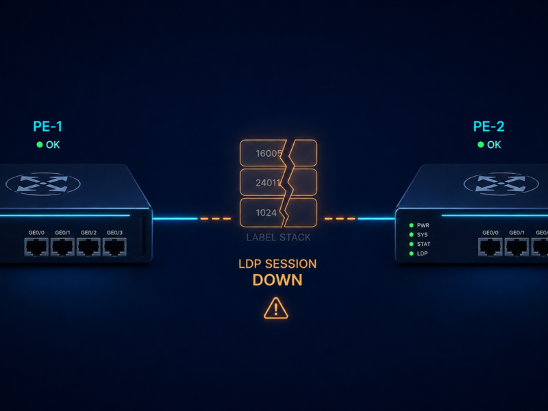 MPLS LDP session down between two PE routers showing label exchange failure