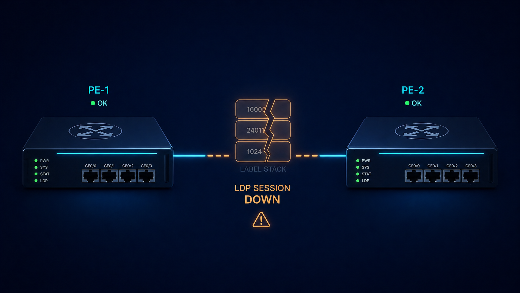MPLS LDP session down between two PE routers showing label exchange failure