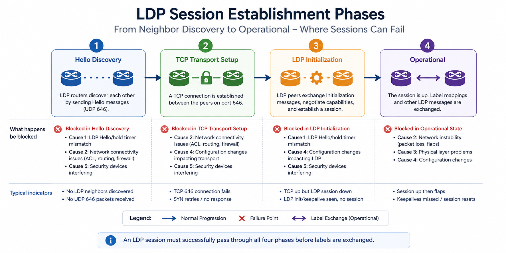 LDP session establishment phases showing hello, transport, initialization, and operational states