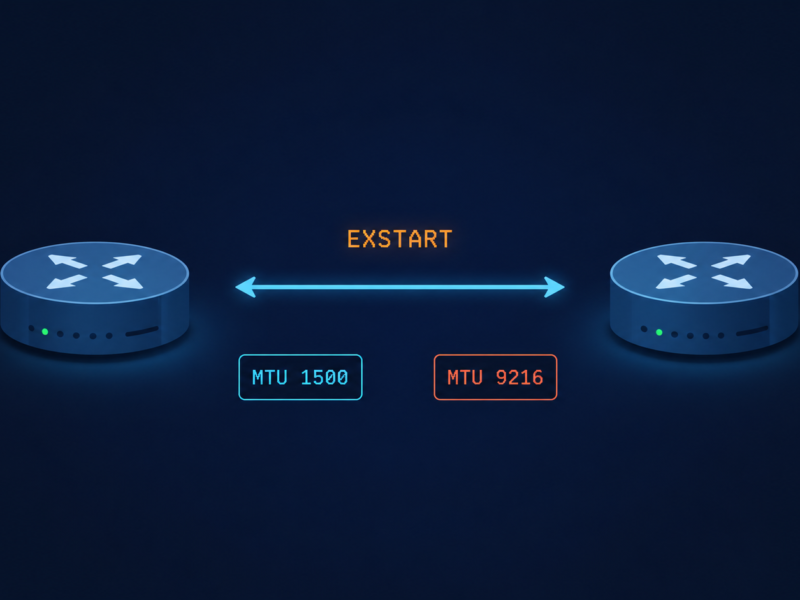 OSPF neighbor adjacency stuck in EXSTART state between two routers due to MTU mismatch