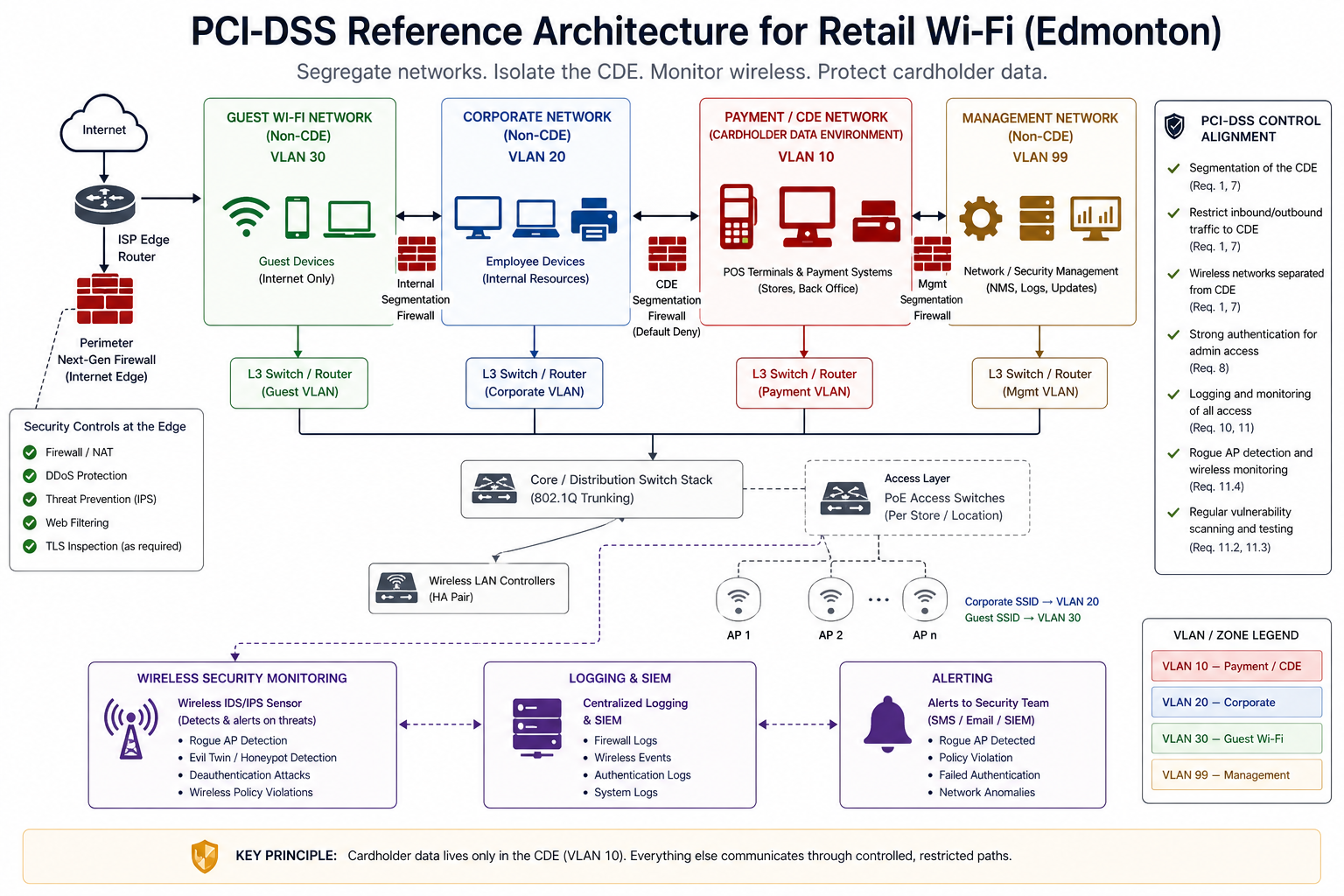 PCI-DSS reference architecture for retail Wi-Fi showing CDE isolation, guest network separation, and rogue AP detection