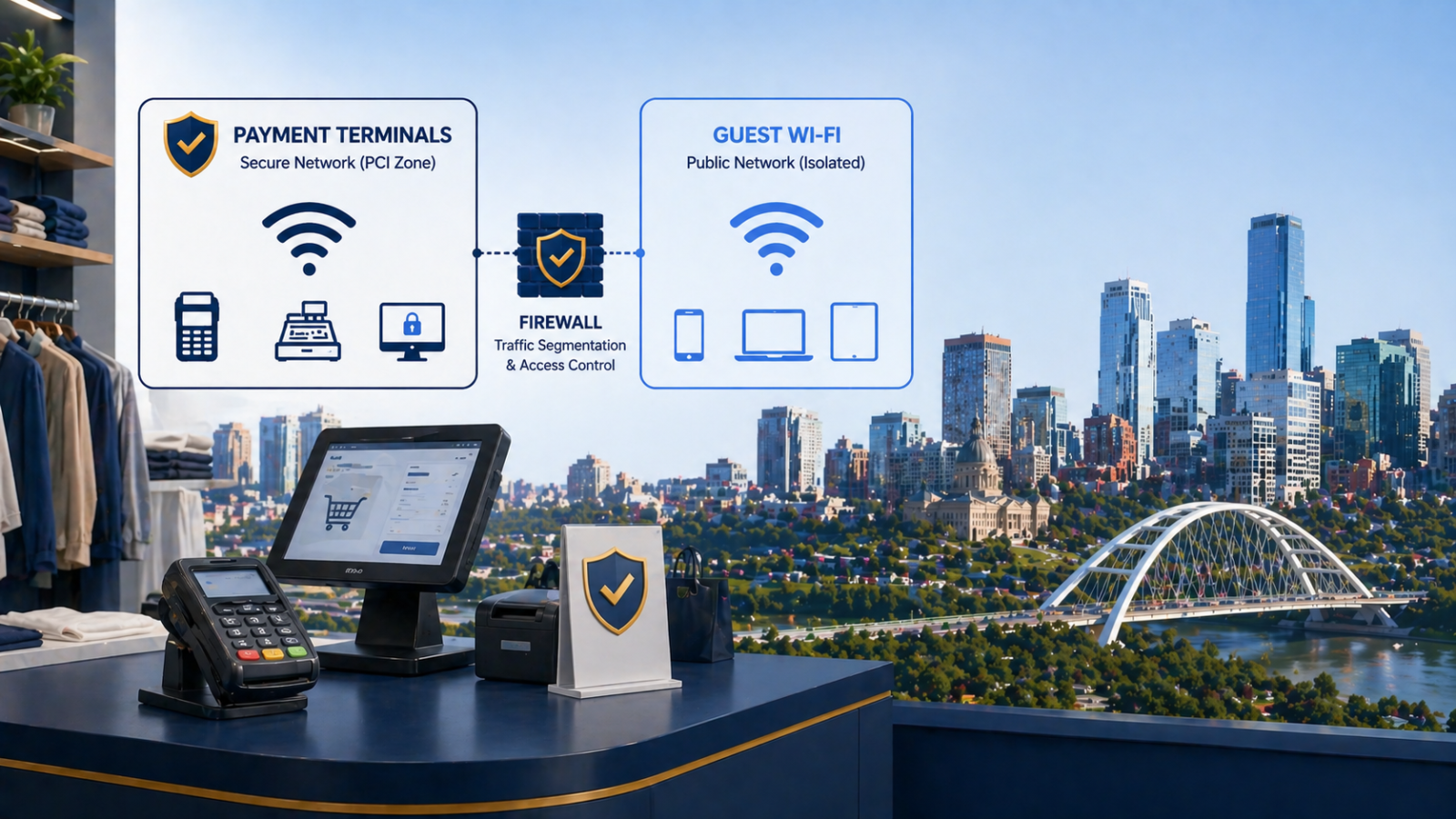 PCI-DSS compliant retail Wi-Fi network at an Edmonton store with payment terminals isolated from guest network