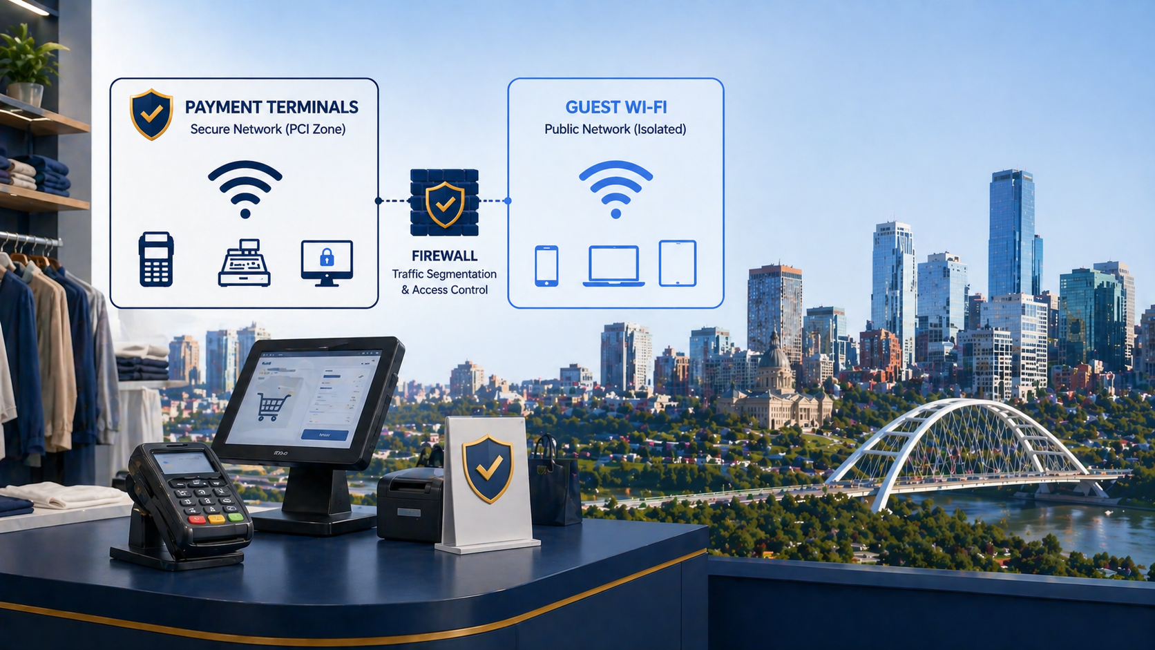 PCI-DSS compliant retail Wi-Fi network at an Edmonton store with payment terminals isolated from guest network
