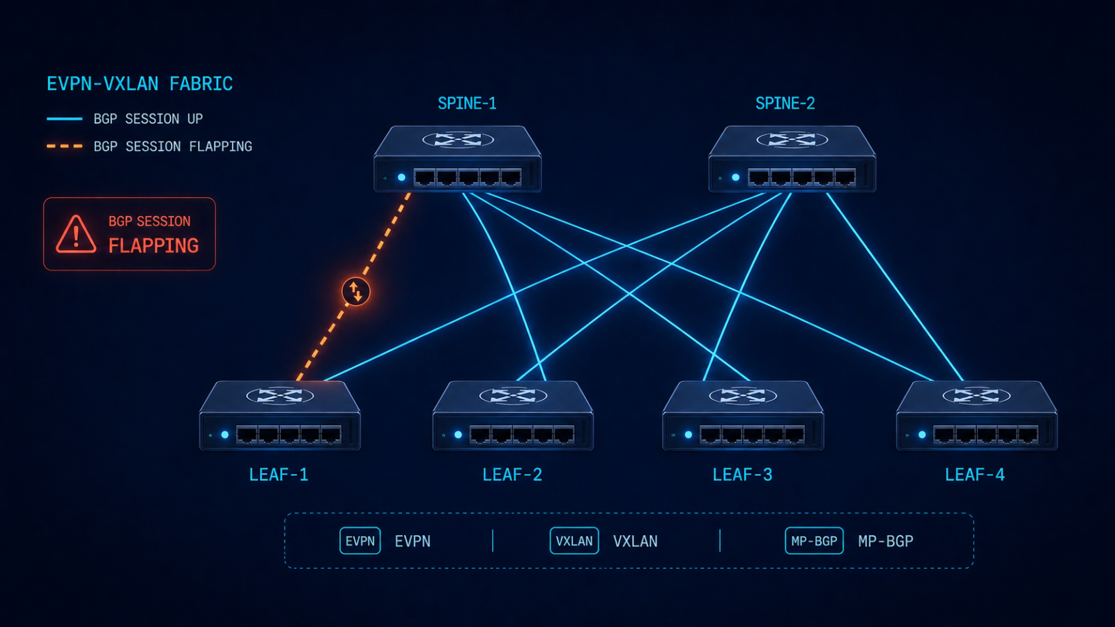 EVPN-VXLAN spine and leaf fabric showing a flapping BGP session between leaf and spine