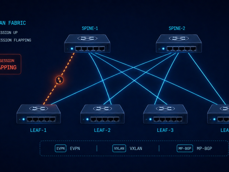EVPN-VXLAN spine and leaf fabric showing a flapping BGP session between leaf and spine