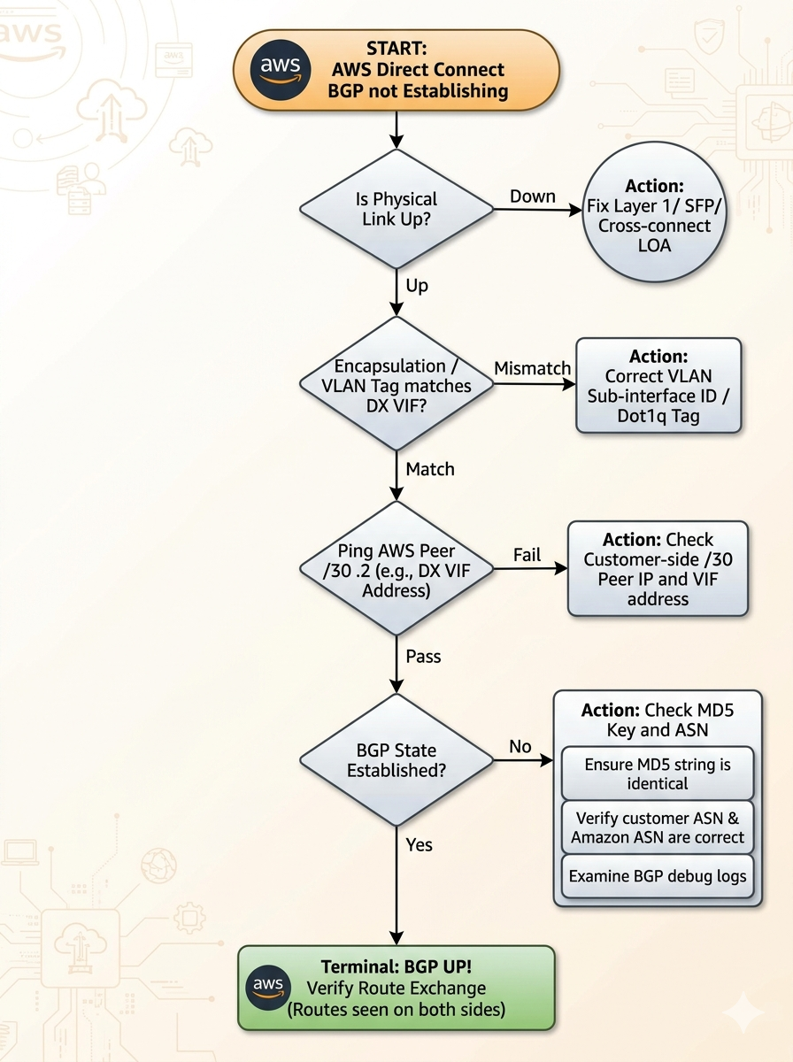 Decision tree for diagnosing AWS Direct Connect BGP not establishing covering VLAN tag, MD5 password, peer IP, ASN, and MTU