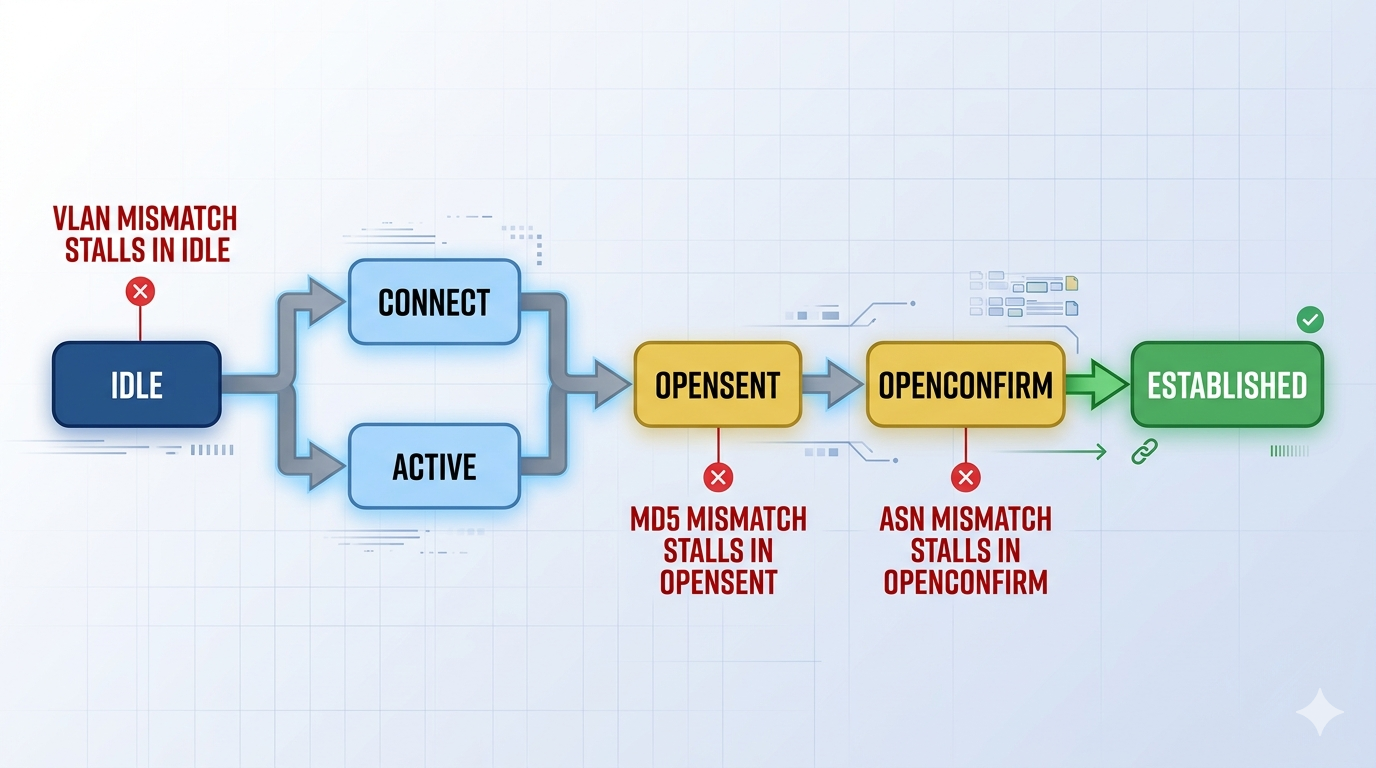 BGP state machine showing Idle, Connect, Active, OpenSent, OpenConfirm, Established and where each cause stalls the session