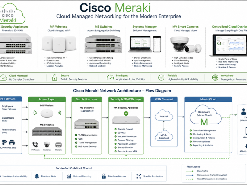 Cisco Meraki cloud-managed networking dashboard showing centralized control of firewalls, switches, and wireless access points