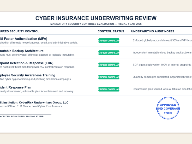 Cyber insurance underwriter reviewing a small business security control checklist before binding coverage