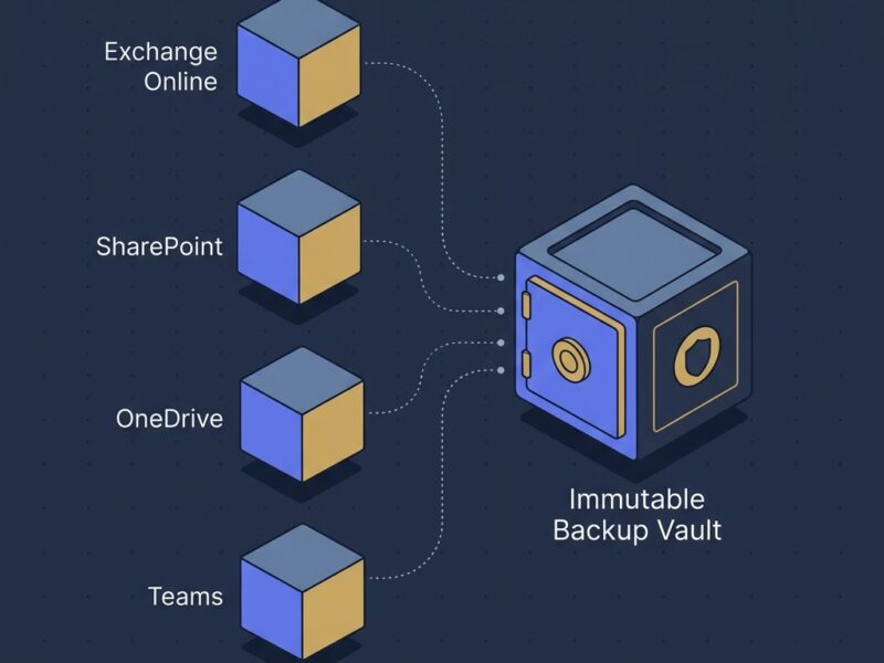 Microsoft 365 backup strategy concept with Exchange, SharePoint, OneDrive, and Teams data flowing to an isolated immutable backup vault