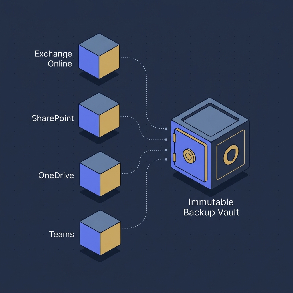 Microsoft 365 backup strategy concept with Exchange, SharePoint, OneDrive, and Teams data flowing to an isolated immutable backup vault