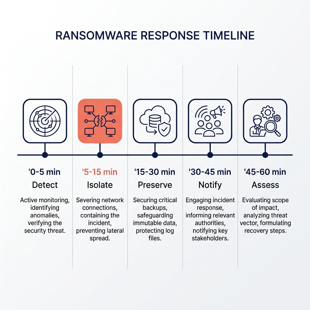 First-hour ransomware response timeline showing detect, isolate, preserve, notify, and assess phases with minute-by-minute actions