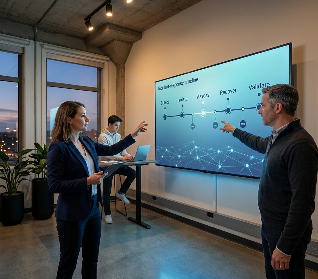 Incident response team reviewing a ransomware recovery plan on a large wall display in a small business office
