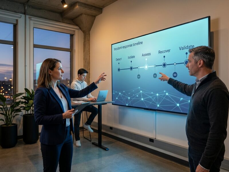 Incident response team reviewing a ransomware recovery plan on a large wall display in a small business office