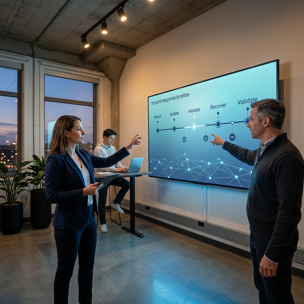 Incident response team reviewing a ransomware recovery plan on a large wall display in a small business office