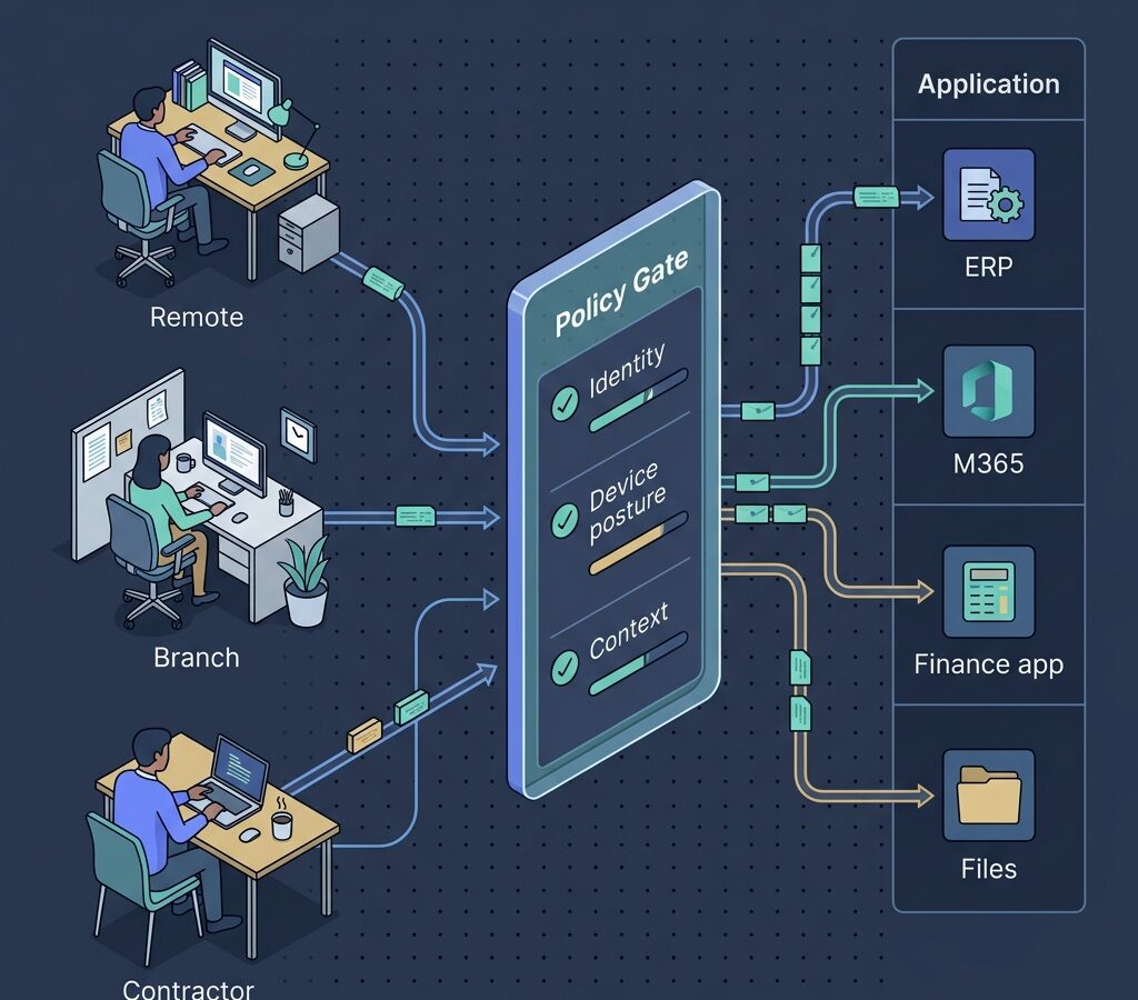 Zero Trust Network Access architecture concept showing per-request identity verification before access to corporate applications