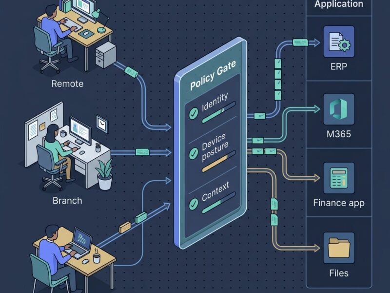 Zero Trust Network Access architecture concept showing per-request identity verification before access to corporate applications